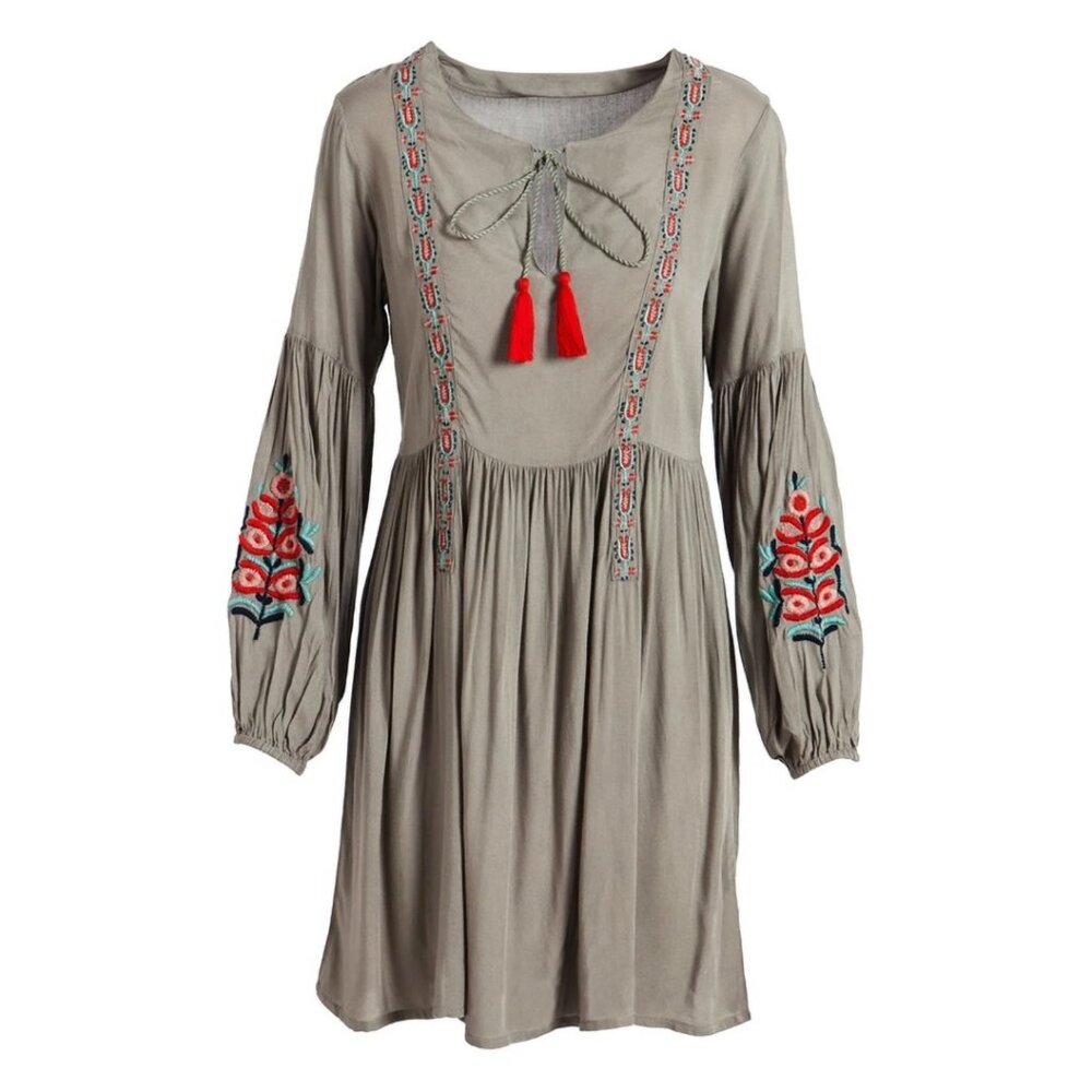 NWT Gray Boho Embroidered Long Sleeve Mini Dress Southwestern Cowgirl Western
